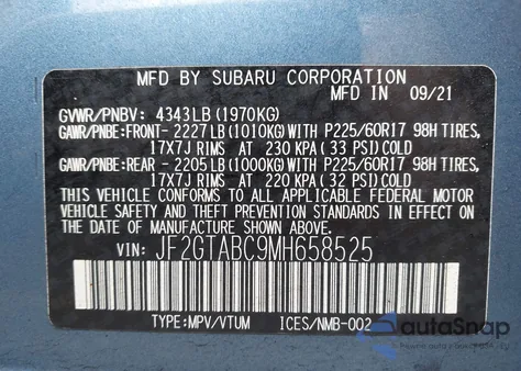 2021 Subaru Crosstrek z USA, uszkodzony, nr VIN JF2GTABC9MH658525